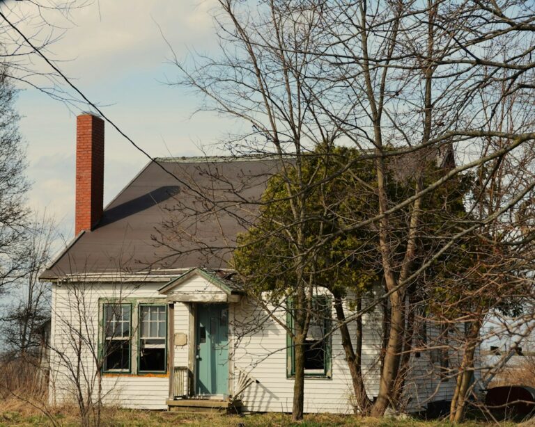 Vacant older farmhouse with a blue door, the type of property found on pre-foreclosure and tax-delinquent lists