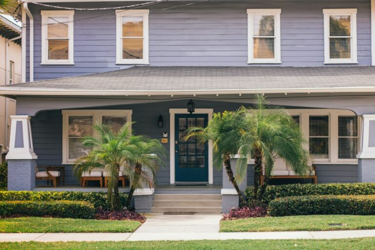 Blue single-family house with palm trees, the kind of Florida home that moves through the Florida foreclosure timeline